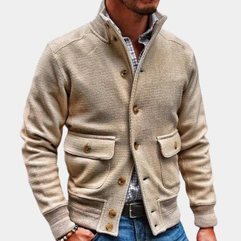 Beige corduroy men's blazer with a lightweight design, featuring a classic collar, long sleeves, and tailored fit suitable for fall fashion.