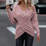 Women's pink crew neck sweater in XXL, featuring a casual fall fashion design with long sleeves, worn by a model with hair styled loose and wearing eyewear.