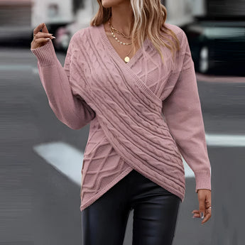 Women's pink crew neck sweater in XXL, featuring a casual fall fashion design with long sleeves, worn by a model with hair styled loose and wearing eyewear.