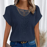 Beige crochet lace bohemian top for women featuring intricate lace detailing, with a relaxed fit suitable for summer. The blouse is styled to showcase a fashion-forward look, highlighting shoulders and neck area, available in a dark blue variant sized 5XL.