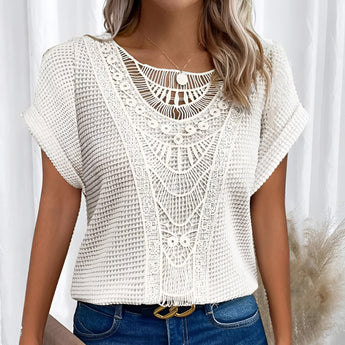 White crochet lace bohemian top for women in size 5XL, featuring intricate detailing around the neckline and collar, with long sleeves suitable for summer fashion.