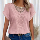 Beige crochet lace bohemian top for women, featuring delicate lace patterns and a relaxed fit, perfect for summer fashion. The blouse is styled in a light pink hue and is available in size 5XL.