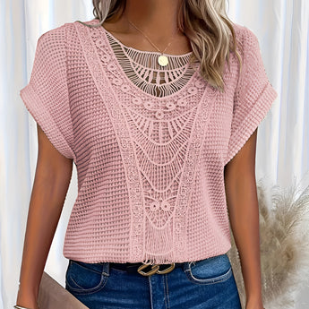 Beige crochet lace bohemian top for women, featuring delicate lace patterns and a relaxed fit, perfect for summer fashion. The blouse is styled in a light pink hue and is available in size 5XL.