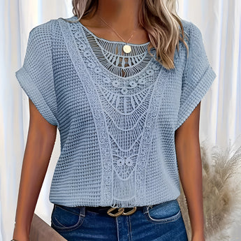 Beige crochet lace bohemian top in size 5XL for women, featuring intricate lace detailing on the neckline and sleeves, perfect for summer fashion.