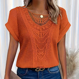 Orange 5XL bohemian top featuring crochet lace detailing, with short sleeves, a relaxed fit, and a round neckline.