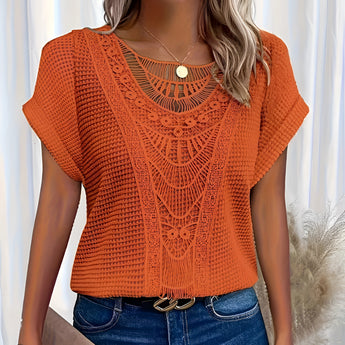 Orange 5XL bohemian top featuring crochet lace detailing, with short sleeves, a relaxed fit, and a round neckline.