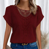Beige crochet lace bohemian top with intricate patterns, featuring long sleeves and a relaxed fit, designed as a women's summer fashion blouse available in red color and 5XL size.