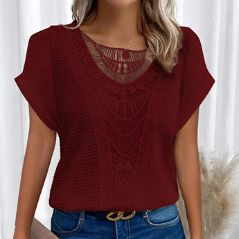 Beige crochet lace bohemian top with intricate patterns, featuring long sleeves and a relaxed fit, designed as a women's summer fashion blouse available in red color and 5XL size.