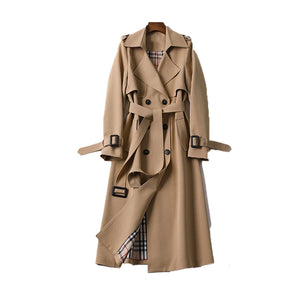 Beige double-breasted long trench coat with belt, featuring a classic collar and long sleeves – Luxury fall fashion in size 5XL.