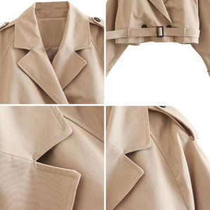 Beige double-breasted trench coat with water-resistant fabric, featuring adjustable cuffs and a classic collar, displayed on a white background.
