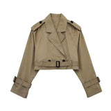 Beige double-breasted trench coat with adjustable cuffs, featuring a classic collar and long sleeves.