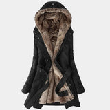 Beige women's trench coat with a luxurious fur-lined collar and sleeves, designed for winter fashion.