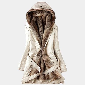 Beige fur-lined women's trench coat featuring a luxurious design with a plush fur collar, tailored sleeves, and a classic overcoat silhouette, ideal for winter fashion in size 3XL.