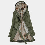 Beige fur-lined women's trench coat in a luxurious winter fashion design, featuring a classic collar, long sleeves, and intricate detailing, shown in a green color variant in size 3XL.