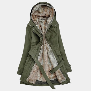 Beige fur-lined women's trench coat in a luxurious winter fashion design, featuring a classic collar, long sleeves, and intricate detailing, shown in a green color variant in size 3XL.