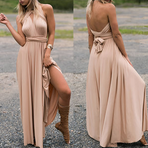 Beige halter neck maxi dress in Cachi color, size 2XL, featuring a backless design and a slit, elegantly showcasing the shoulders and waist.