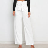 Beige high-waisted wide-leg palazzo pants, suitable for elegant office or summer wear, shown in a white XL variant, highlighting the waist and flowing leg design.