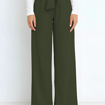 
A pair of military green high-waisted wide-leg palazzo pants, suitable for elegant office or summer wear, displayed in size XL.