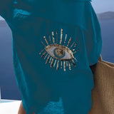 Blue knit crop top for women, designed as summer fashion and chic beachwear, featuring a shoulder-baring style in an XXXXL size.