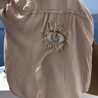 Beige knit crop top designed for women's summer fashion, featuring a chic beachwear style. The top displays a short sleeve and rounded neckline, suitable for casual and warm weather attire. Shown in a neutral beige color, available in size XXXXL.