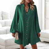 Beige Lantern Sleeve Shirt Dress with button-front detail, featuring a mini length and casual style.