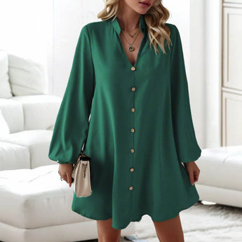 Beige Lantern Sleeve Shirt Dress with button-front detail, featuring a mini length and casual style.