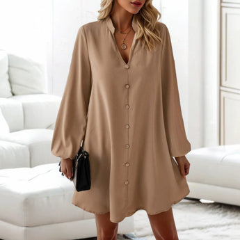 Beige lantern sleeve shirt dress featuring a casual button-front design, mini length, and a stylish collar.