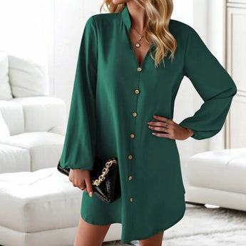 
A green XL-sized casual mini dress featuring a button-front design with lantern sleeves, styled in a shirt dress fashion.