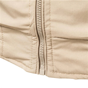 Beige lightweight jacket with durable outdoor wear, featuring a premium zipper, long sleeves, and a structured collar.