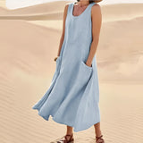 Beige linen summer dress with pockets, shown in blue sky color in size 5XL, featuring short sleeves and knee-length design, perfect for eco-friendly fashion.