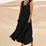 Beige linen sheath dress with short sleeves, featuring a comfortable fit with pockets. The dress is styled for an eco-friendly summer fashion look, suitable for casual day wear and tailored to a 5XL size.