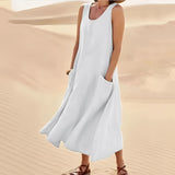 Beige linen dress with pockets in size 5XL, featuring a sleeveless design, knee-length hem, and eco-friendly fabric suitable for summer fashion.
