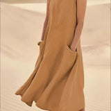 Beige linen dress with pockets featuring a knee-length design, short sleeves, and a subtle collar, available in a chocolate color and 5XL size, suitable for eco-friendly summer fashion.