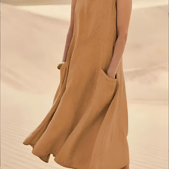 Beige linen dress with pockets featuring a knee-length design, short sleeves, and a subtle collar, available in a chocolate color and 5XL size, suitable for eco-friendly summer fashion.