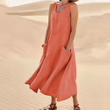 Orange 5XL eco-friendly beige linen dress with pockets, featuring short sleeves, a defined waist, and falling above the knee, perfect for summer fashion.