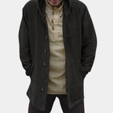 Beige linen mandarin collar shirt in a lightweight summer style, shown in black color, size XL, featuring long sleeves and a tailored fit.
