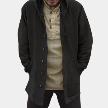 Beige linen mandarin collar shirt in a lightweight summer style, shown in black color, size XL, featuring long sleeves and a tailored fit.