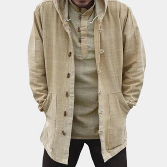 Beige linen mandarin collar shirt with long sleeves, shown in XL size, featuring a lightweight design suitable for summer.