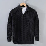 Beige men's cable knit zipper sweater with long sleeves and a collar, shown in an XL size. The pullover is designed for winter warmth and has a stylish pattern.