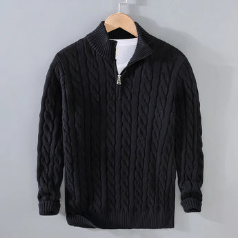 Beige men's cable knit zipper sweater with long sleeves and a collar, shown in an XL size. The pullover is designed for winter warmth and has a stylish pattern.