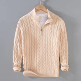 Beige men's cable knit zipper sweater, featuring a high collar and long sleeves, made from woolen material for winter warmth, designed in a fashionable pattern, shown in XL size.