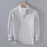 Gray XL men's cable knit zipper sweater with a high collar and long sleeves, featuring a pattern that resembles a dress shirt style in warm woolen fabric, ideal for winter warmth and outerwear.