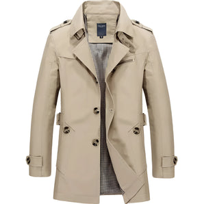 Beige men's double-breasted lightweight trench coat in size 3XL featuring a classic collar, long sleeves, and multiple buttons, designed for a formal and stylish look.
