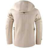 Beige men's hooded windproof jacket with a tailored fit, featuring long sleeves, a modern design, and functional pockets.
