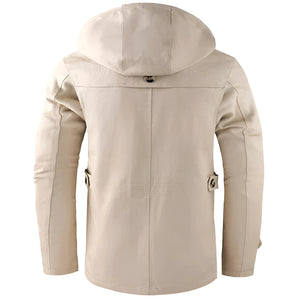 Beige men's hooded windproof jacket with a tailored fit, featuring long sleeves, a modern design, and functional pockets.