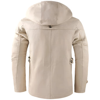 Beige men's hooded windproof jacket with a tailored fit, featuring long sleeves, a modern design, and functional pockets.