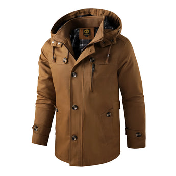 Brown 3XL men's hooded windproof jacket with a tailored fit, featuring a modern design with visible sleeves, collar, and buttons.