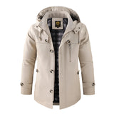 Beige men's hooded windproof jacket in a lightweight, modern design with a tailored fit, featuring a buttoned front, long sleeves, and a fitted collar, shown in size 3XL.