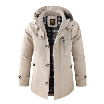 Beige men's hooded windproof jacket in a lightweight, modern design with a tailored fit, featuring a buttoned front, long sleeves, and a fitted collar, shown in size 3XL.