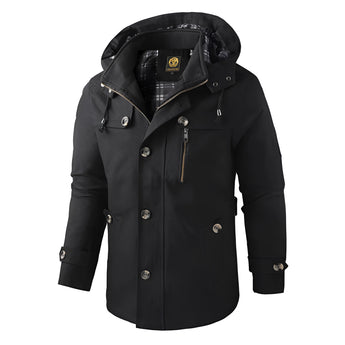 Black men's hooded windproof jacket in size 3XL, featuring a modern, tailored fit with a button closure and a collared design.